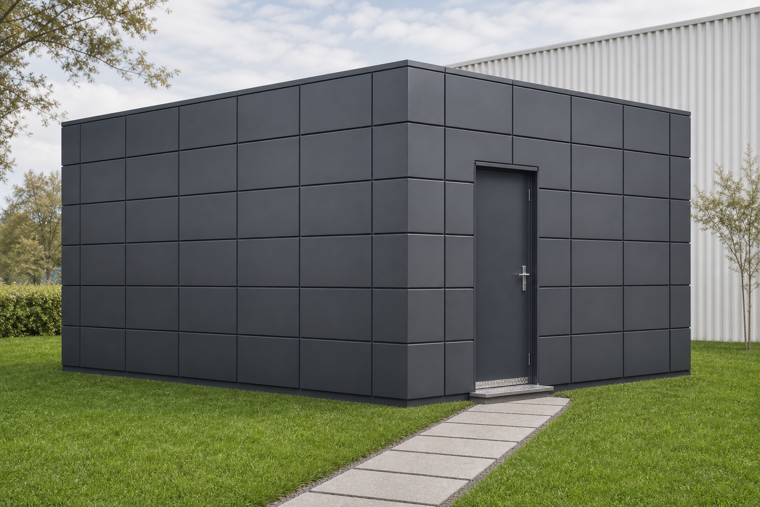 Bürocontainer B2 auf Rasenfläche mit Weg zur Tür
